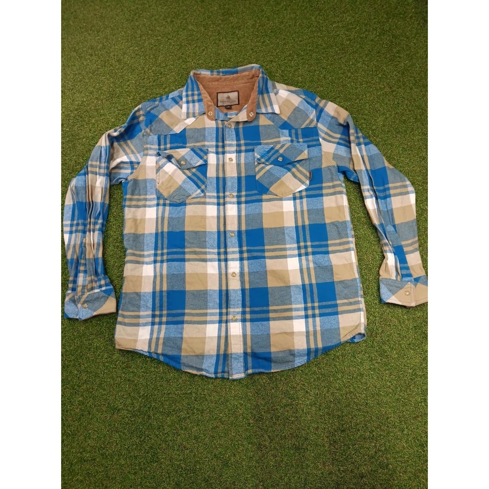Legendary Whitetails Shotgun Western Flannel Shirt Mens L Blue Plaid Pearl‎ Snap